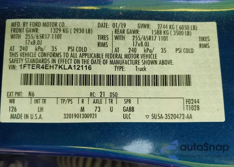 2019 Ford Ranger Xlt из США, поврежденный, VIN 1FTER4EH7KLA12116